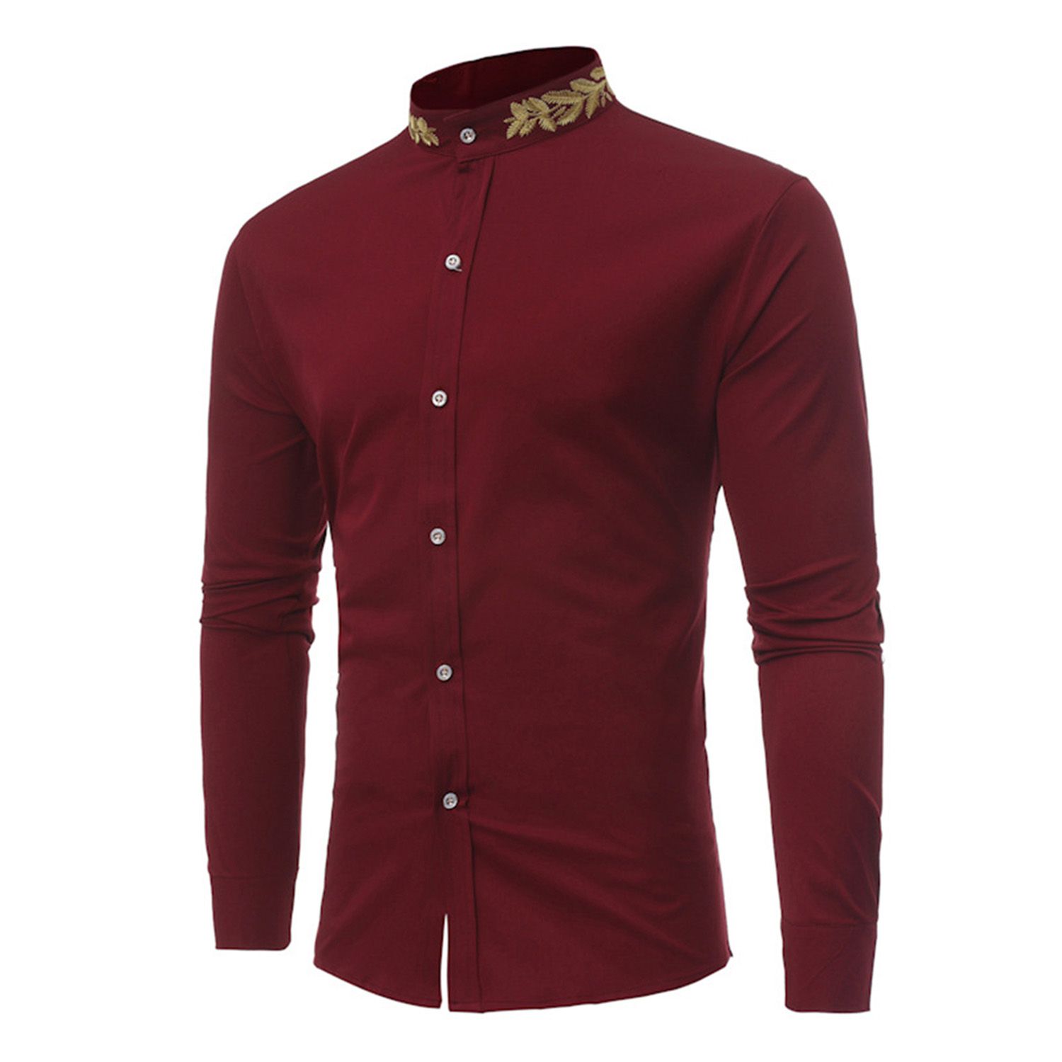 2021 Men's Casual Button Down Shirts, Long Sleeve Embroidered Collar Business Shirt Top