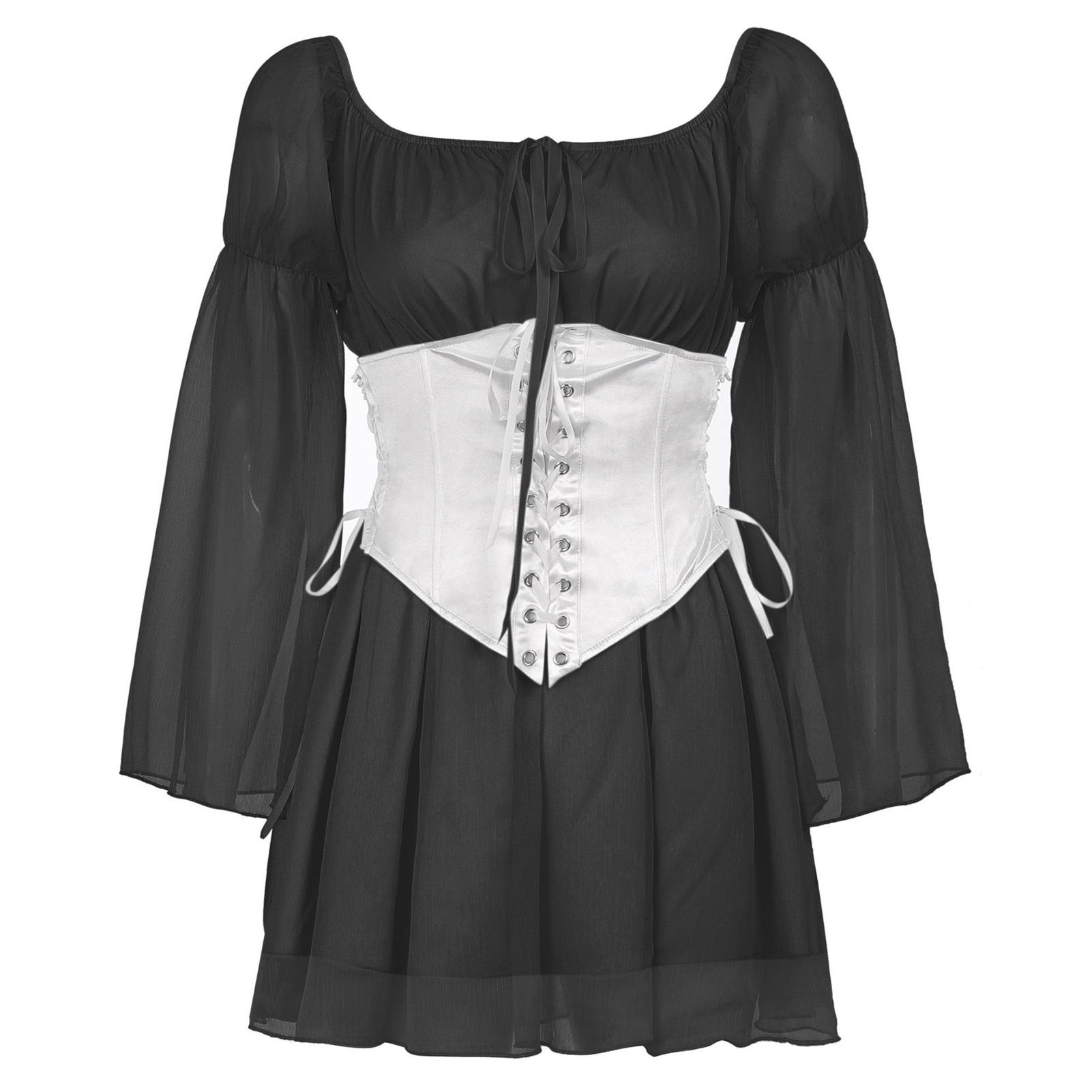 Women Dress Fairy Ruffle Lace-Up Gathered Waist Cincher Dress
