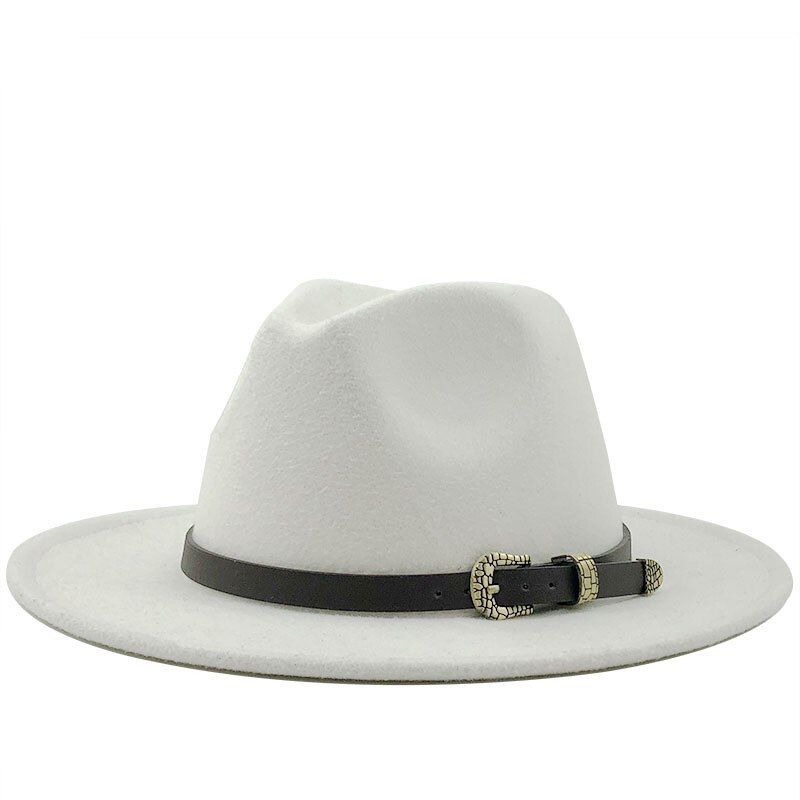 Hot Men Women Wide Brim Wool Felt Fedora Panama Hat with Belt Buckle Jazz Trilby Cap Party Formal Top Hat In Pink,green 56-60CM