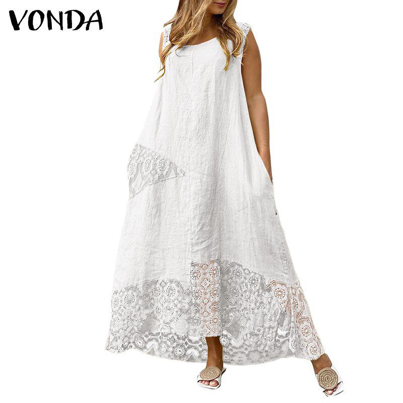 Women'Summer Sundress Vintage Lace Patchwork Asymmetric Party Dress Beach Dresses Bohemian Vestidos Robe