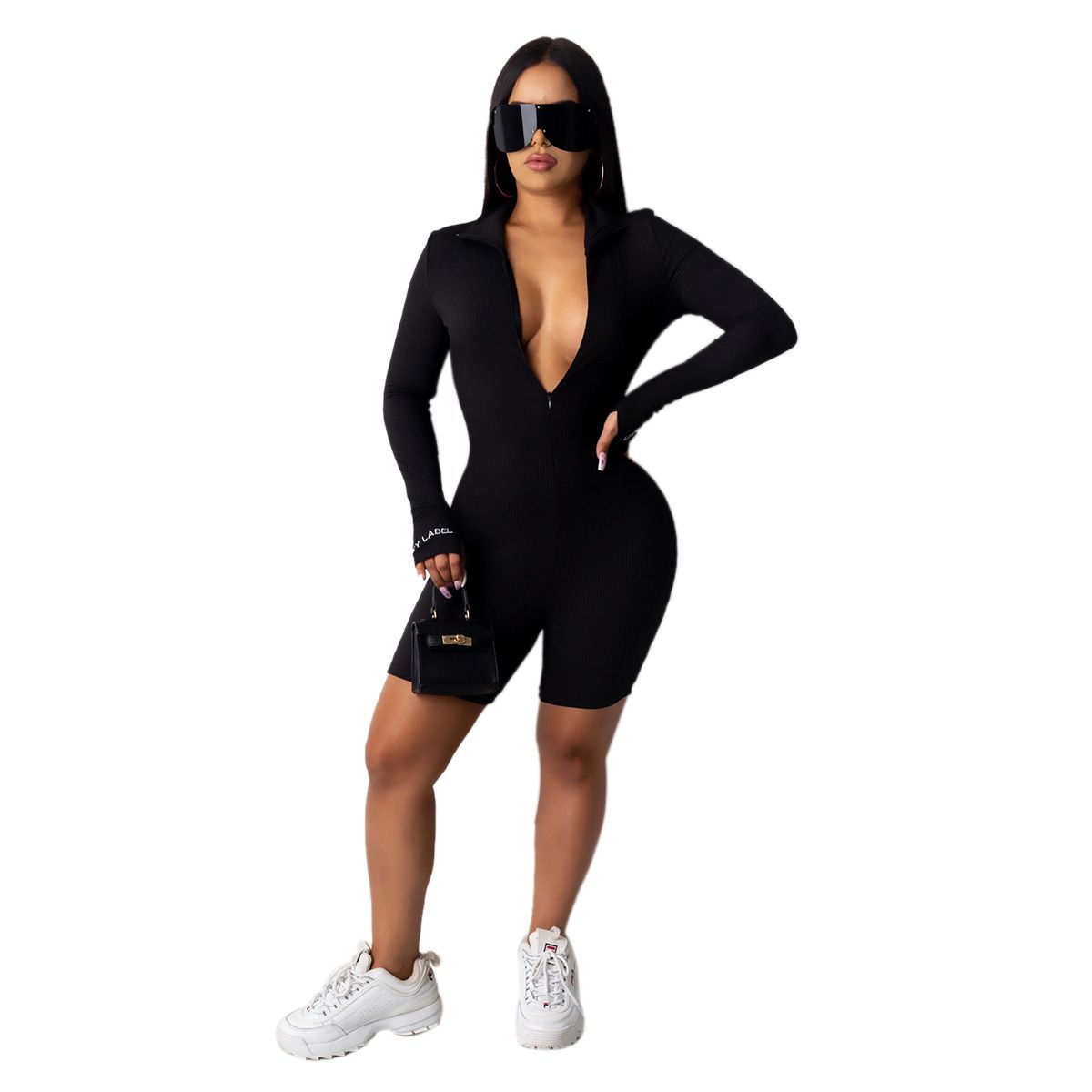 Women  Letter Embroidery Jumpsuit Fashion Long Sleeve Zipper Jumpsuit for Women Ladies