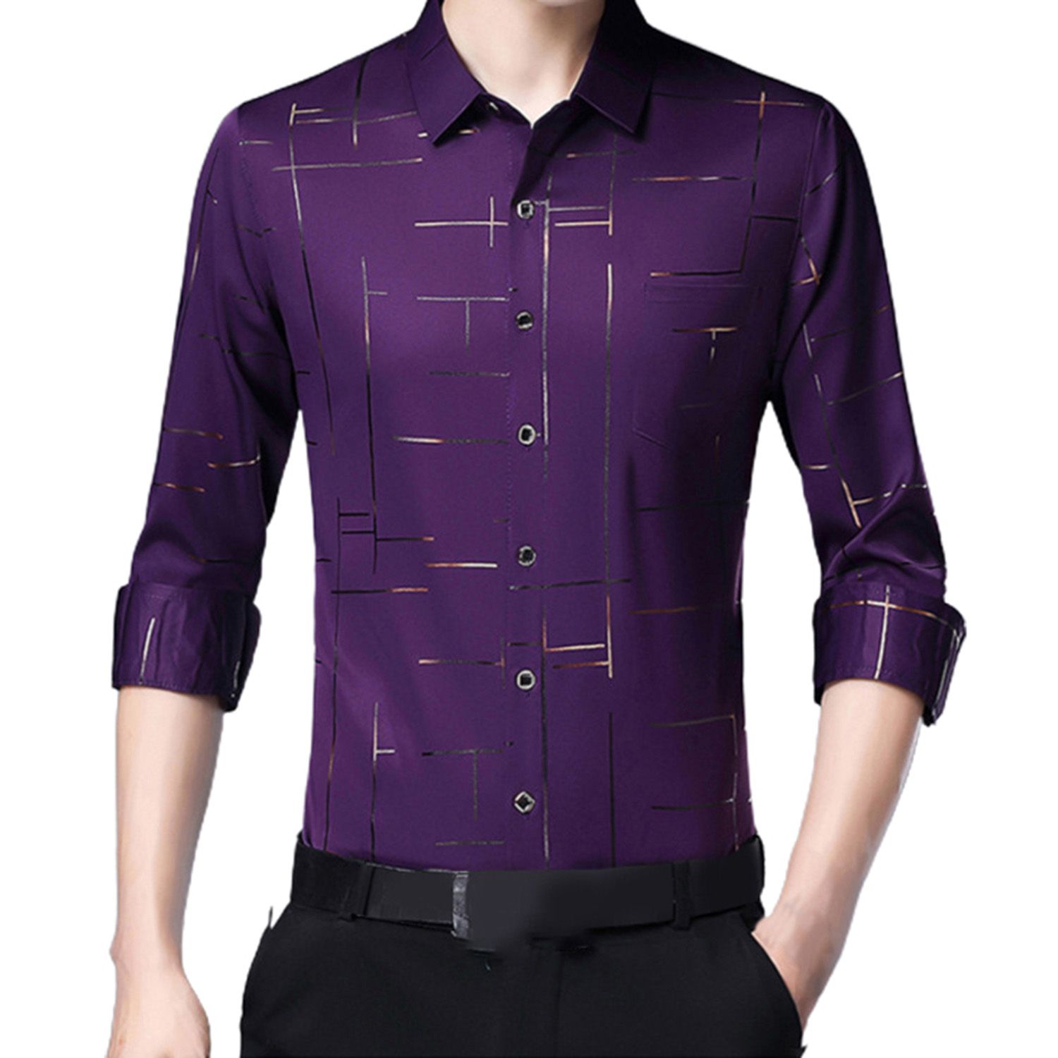 Sunnyheart Men Dress Shirt Irregular Stripes Satin Surface Casual Single-breasted Turndown  Long Sleeve Shirt for Business 