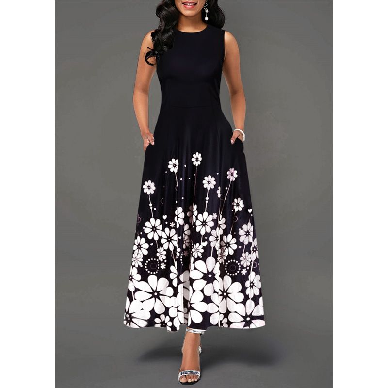 White Sleeveless O Neck Floral Print Women Vestidos Bodycon Dress Summer Boho Maxi Dresses Office Dress Lady