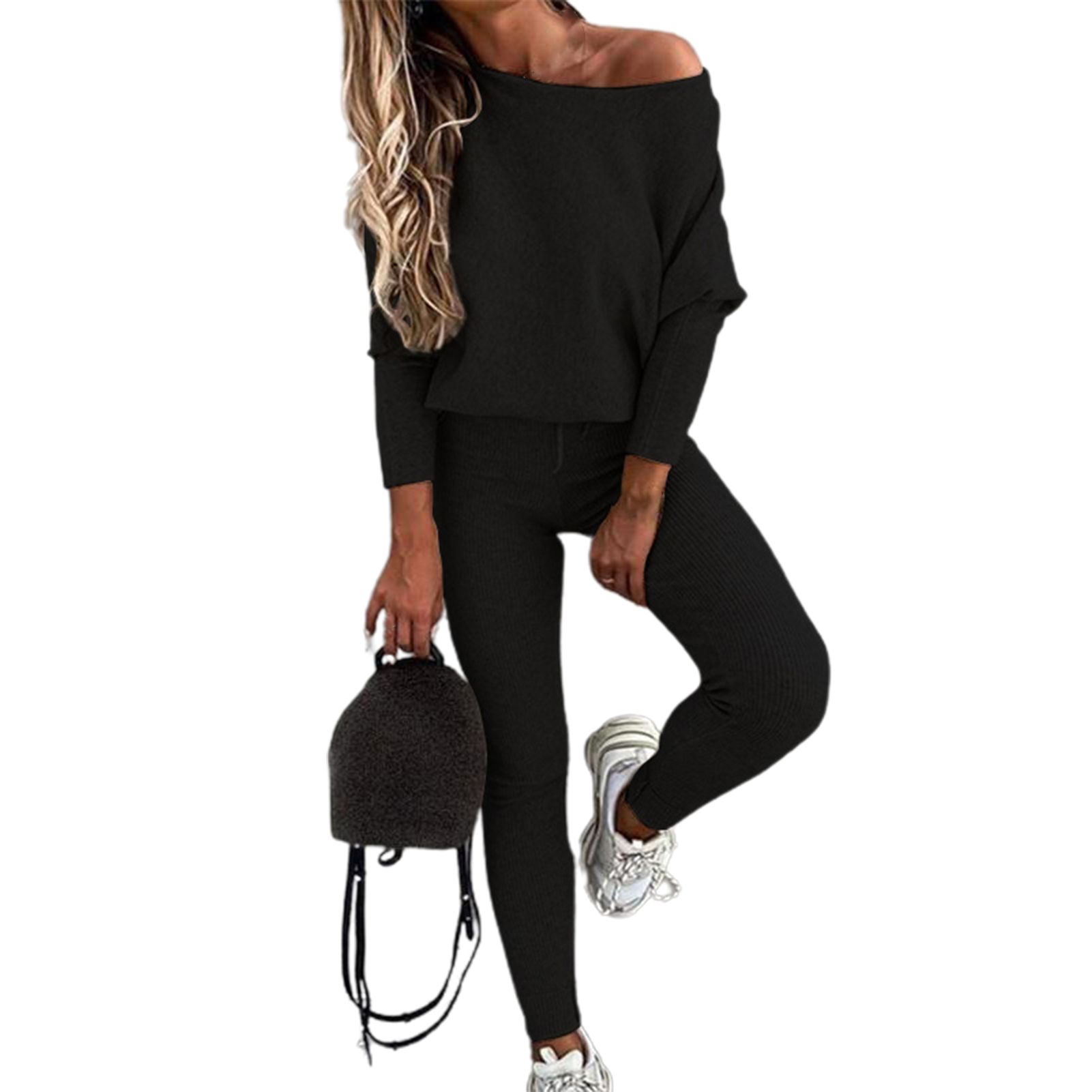 Sweatshirt Sweatpants Slash Neck Slanted Neck Sweatshirt Mid Waist Sweatpants