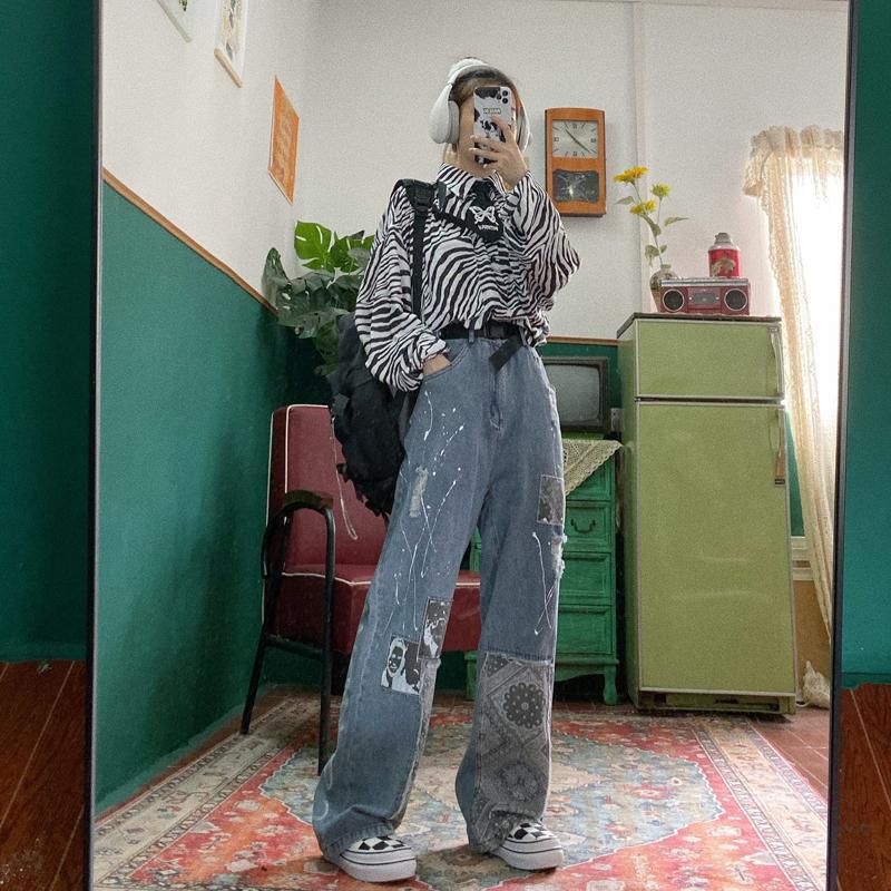 Cool Women Loose Vintage Female Pants Fashion Femme Baggy Jeans Female Pants Casual Funny Gothic Pants Summer Jeans