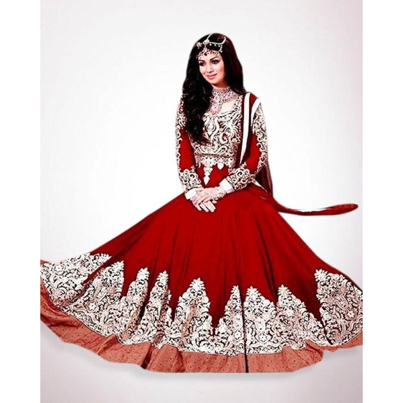 Unstitched Dark Red Georgette Gown For Women