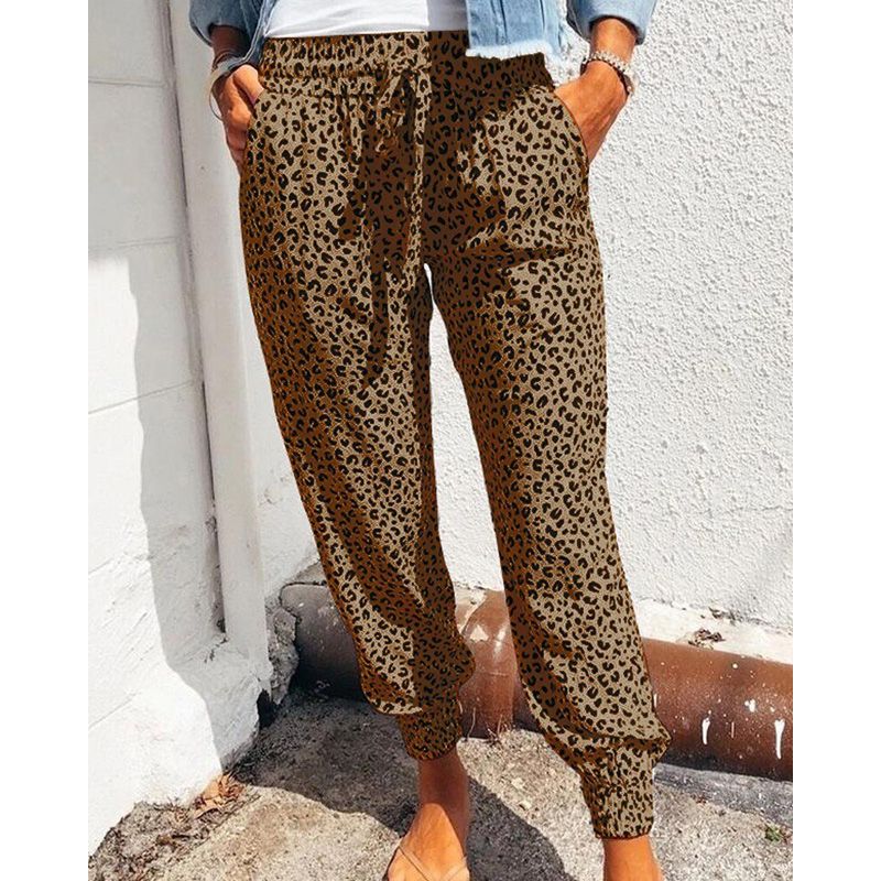 Style Women Leopard Print Long Trousers Summer Loose Lace-up Pants with Pockets Casual Style Clothes Plus Size XXL