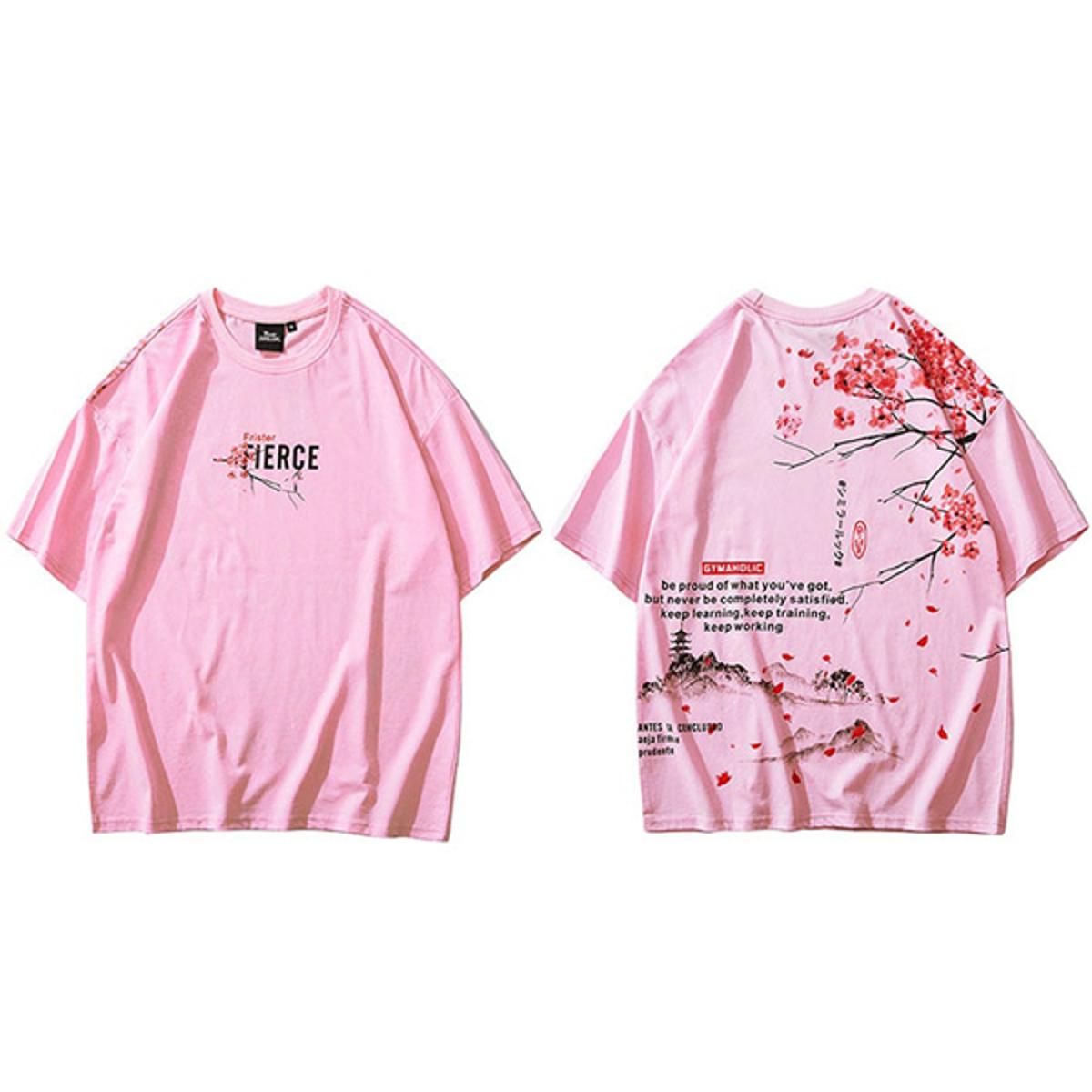 Men Hop T Shirt 2021 Streetwear Japanese Sakura Painting Tshirt Short Sleeve Cotton Summer Harajuku T-Shirt Japan Style Pink