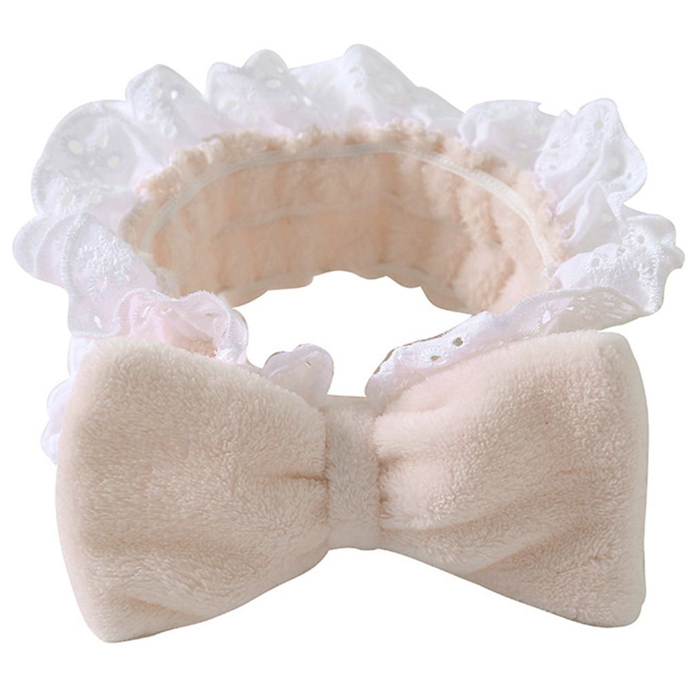 Women Elastic Lace Bow Loop Headband Makeup Face Wash Coral Fleece Hair Band