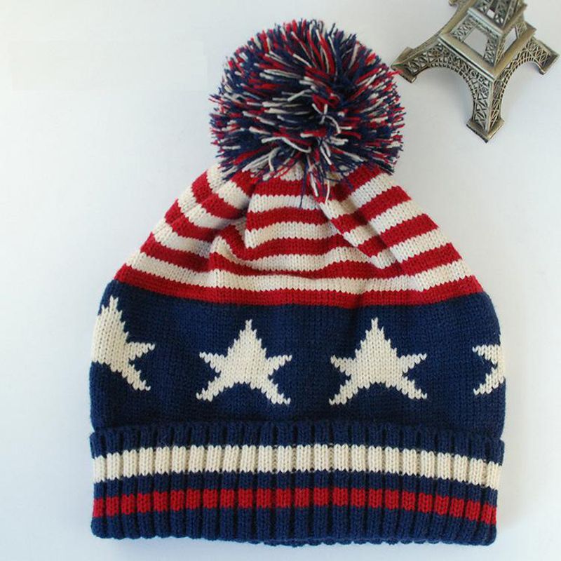 Men Winter Pom Poms ball Knitted Cap For Women UniCasual British and American national flag hats Skullies Beanie hat Gorros
