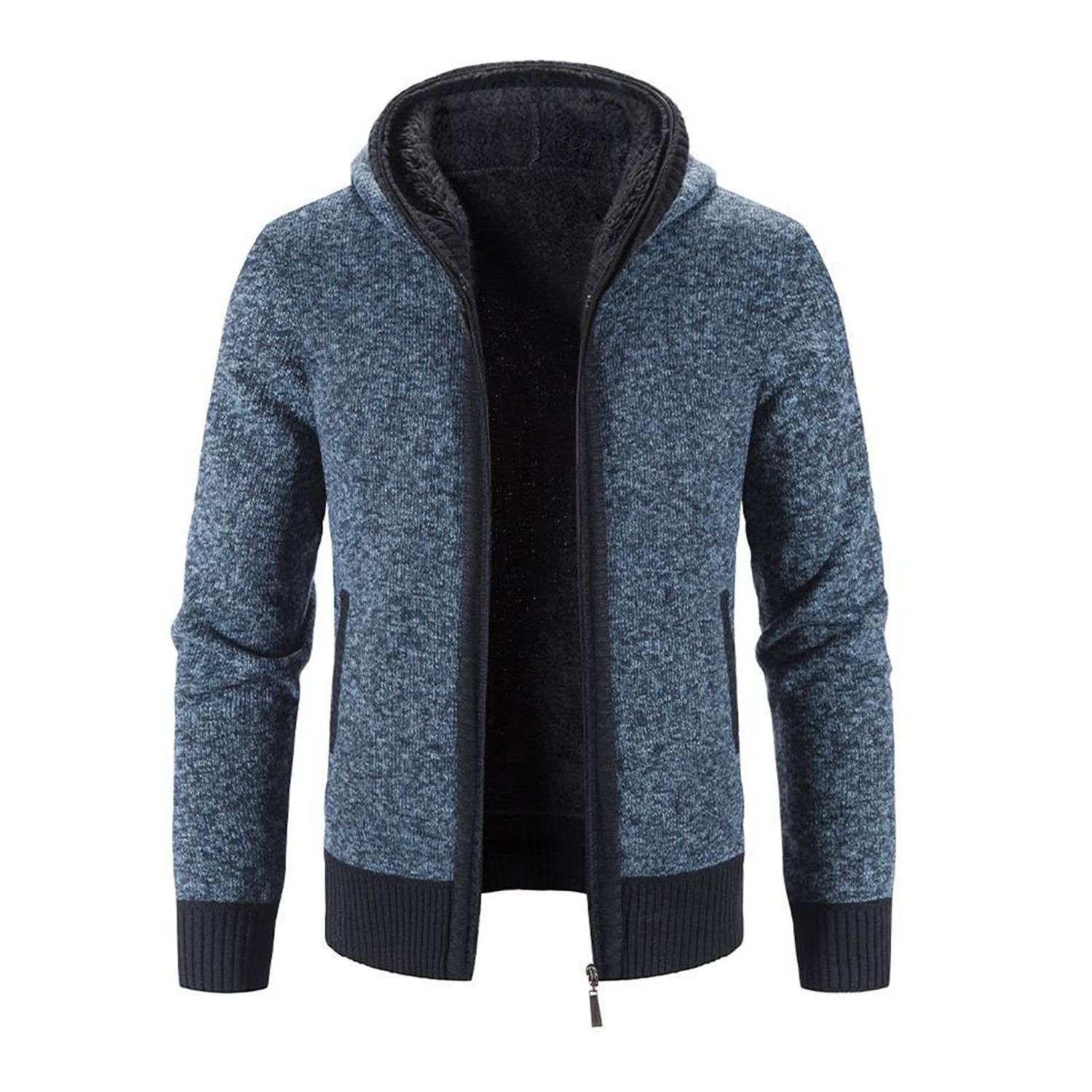 Knitted Jacket Long Sleeve Hooded Plush Lining Pockets Men Sweater Coat