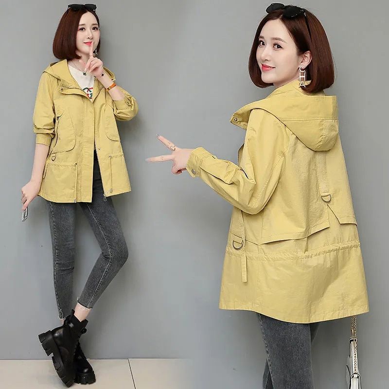 Women Windbreakers Spring Autumn Hooded Jackets Coat Female Casual Loose Outwear Zipper Pocket Long Sleeve Jacket Windproof