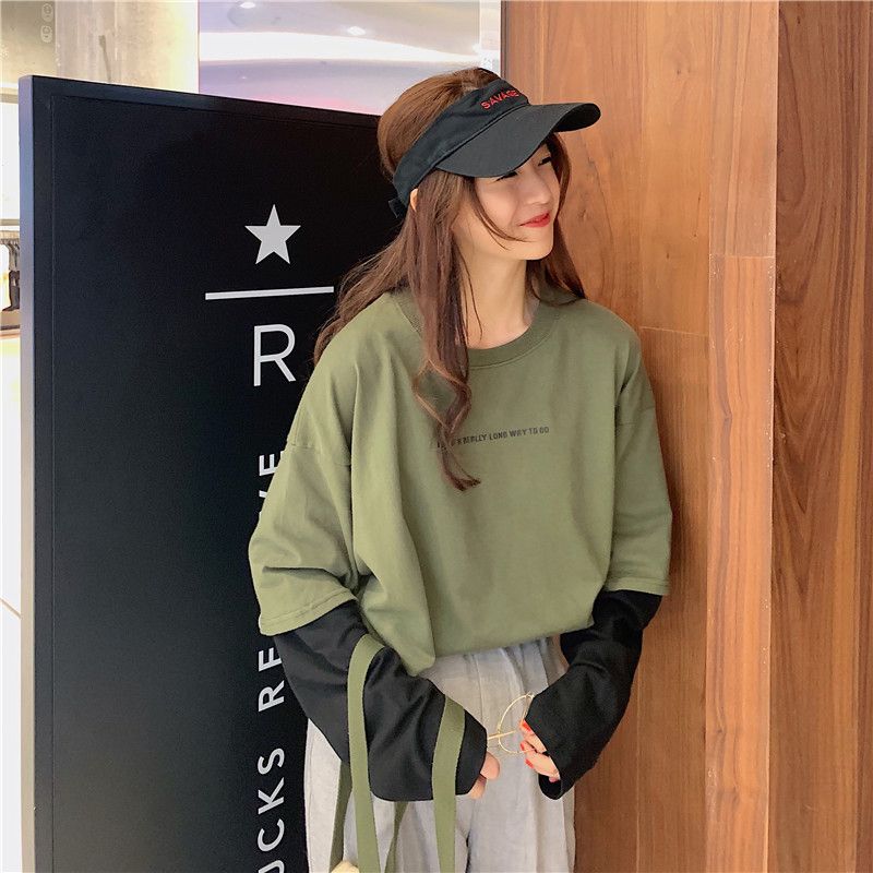 New Female T-Shirts Letter Print Round Neck Long Sleeve T-Shirts Women’ s Cotton Tops( M/L/XL)