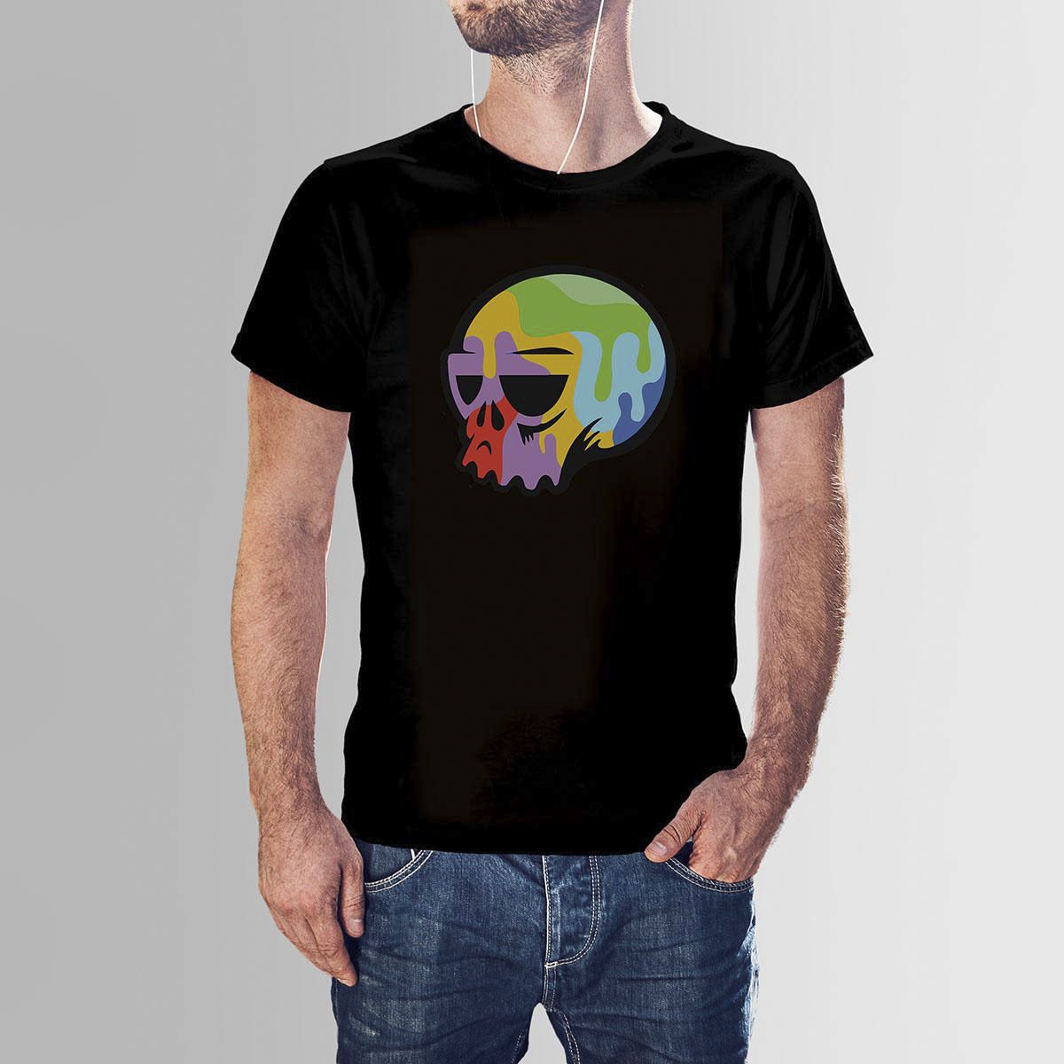 Black Cotton Colourful Skull HNH  T-shirt For Men