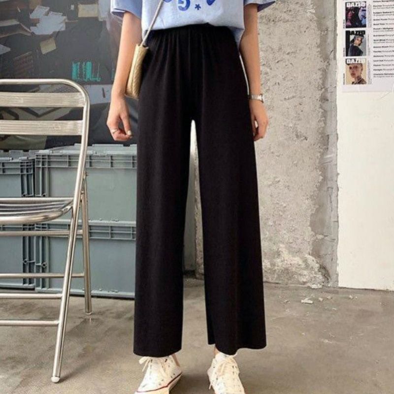 Wide Leg Pants Women Spring Pure Black Korean All-match Trendy Elegant Casual Daily Female Trousers Elastic Waist Plus Size Chic