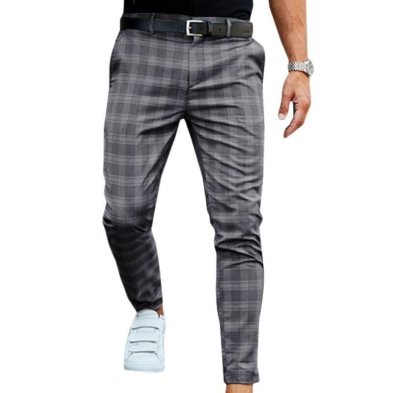 Mens Check Pants Slim Fit Soft Stretch Casual Long Trousers Work Office Business Male Summer Casual Long Pant Streetwear