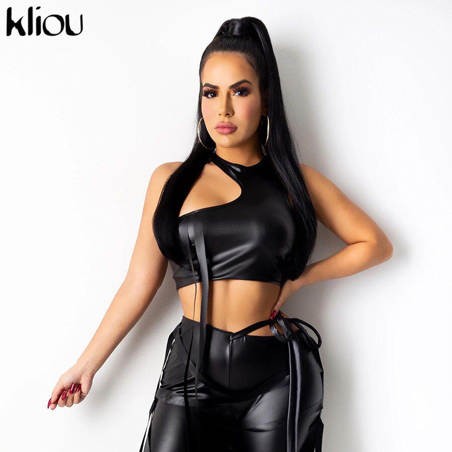 Kliou Ribbons Faux Leather Solid Flare Pants Women Fashion Aesthetic Streetwear Side Slit Mid Waist Trousers Hot Selling
