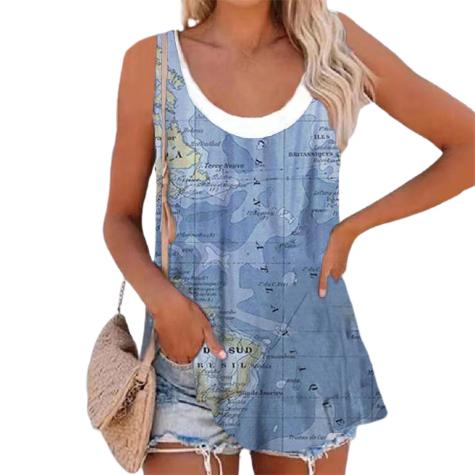 Women Top Crew Neck Female Summer Map Printing Vest