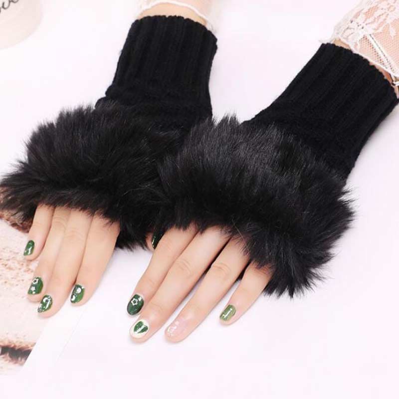 Women Fingerless Gloves Cute Faux Rabbit Fur Knitted Gloves Female Winter Knitting Warmer Wrist Hand Gloves Mitten For Woman