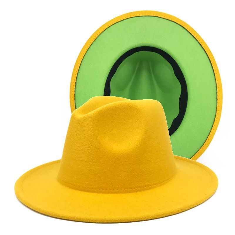 New Fashion Retro Men Fedoras Top Jazz Felt Wide Brim Hats Outer Green Inner Red Patchwork Summer Wool Blend Hat Panama Caps
