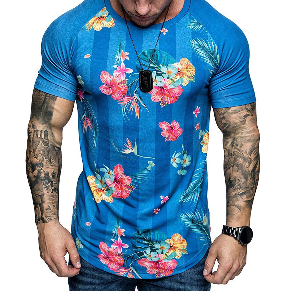 Men Floral Printed T-Shirt Fashion Short Sleeve Round Neck Top Casual Summer Tee