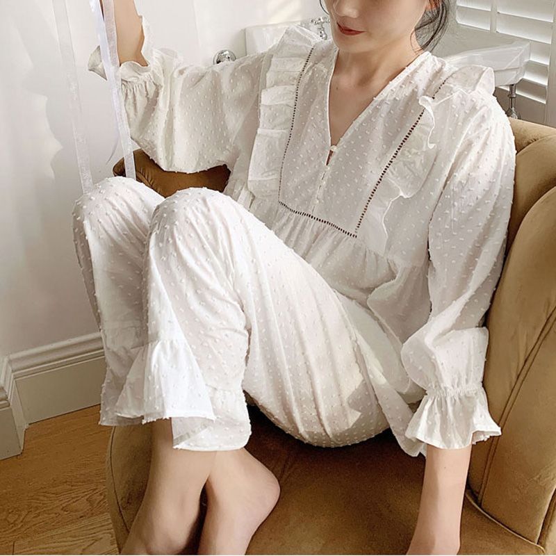 Women's Lolita Dots Pajama Sets.Stringy selvedge Tops+Long Pants.Vintage Ladies Dot Pyjamas Set.Victorian Sleepwear Loungewear