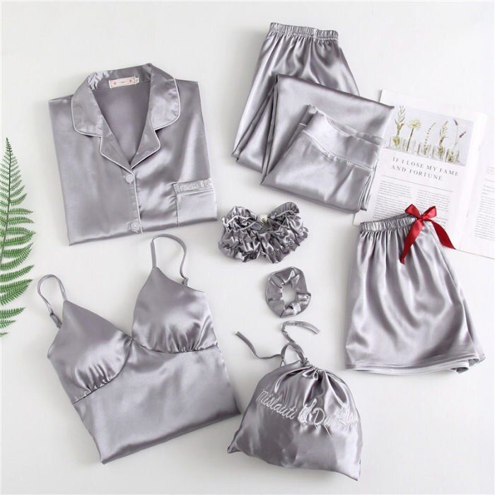 Lingering Warmth Women's 7 Pieces Pajamas Sets Faux Silk Striped Pyjama Women Sleepwear Sets Spring Summer Autumn Sweet Homewear