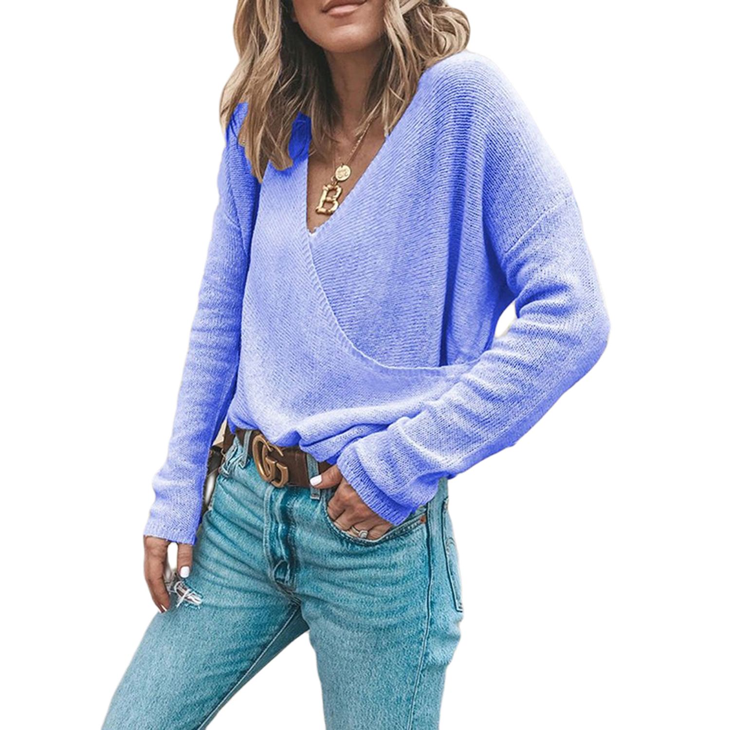 Women's Long Sleeve Knitted Top,  Deep V-neck Solid Kint Shirt, Casual Cloth for Spring and Autumn