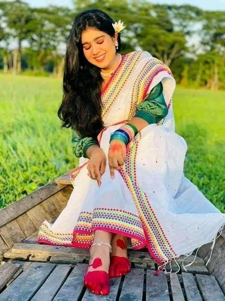 White color tangail half silk Nokshi Saree for Women