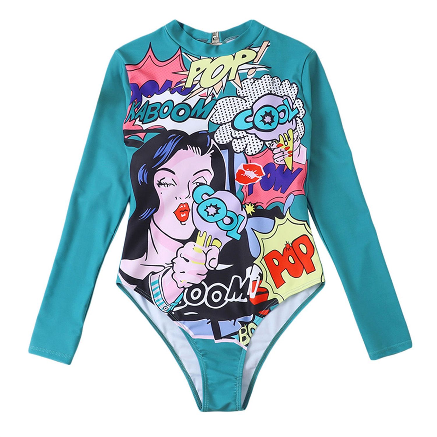 Women’s Long Sleeve One-piece Bikini Fashion Character Print Round Neck Backless Swimsuit