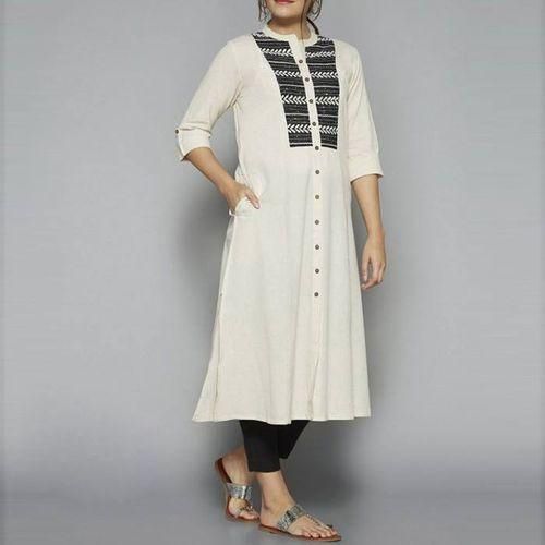 Cream Cotton Unstitched Block Printed Three Piece For Women