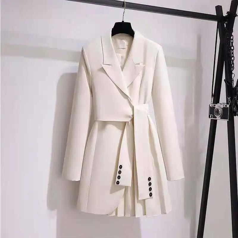 Fashion Trench Coat Dress Women New Spring Autumn Windbreaker Coat Female Plus Size Black White Belt Blazer Vintage