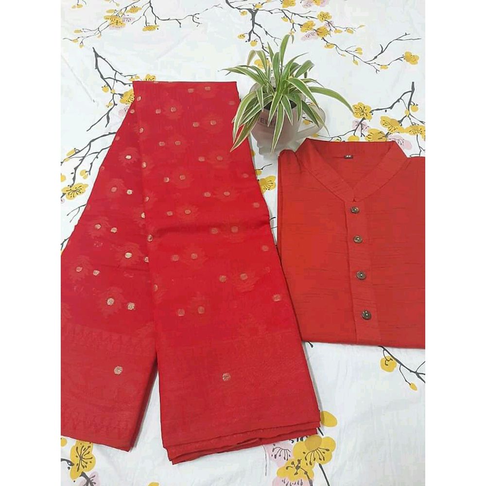 সুতি শাড়ি, সুতি পাঞ্জাবি ও ম্যাচিং কালার রেশমী চুড়ি - কাপল সেট