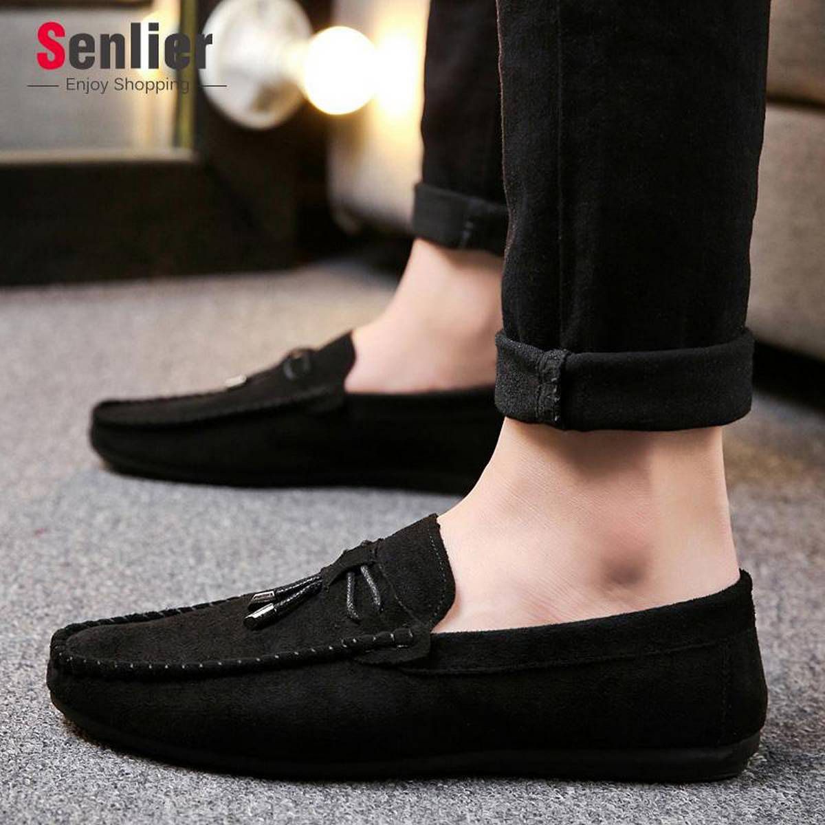Men Suede Shoes Casual Driving Loafers Slip on Flat Shoes for Men Soft Sole Moccasins Kasut Lelaki（Black,Red）
