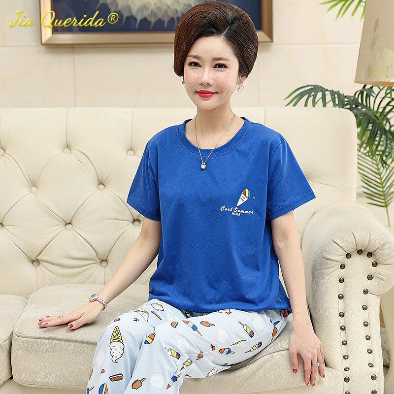 Plus Size Lingere Pajamas for Women Summer Short Sleeved Long Pants Cotton Sleepwear Big Size for Up To 110kg Purple Pijamas