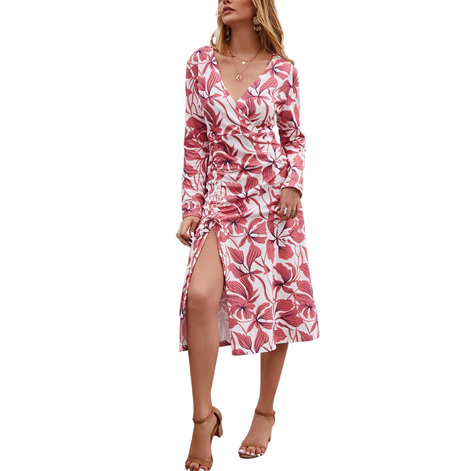 2021 Women Fashion Long Sleeve V-neck Floral Print Dress Fashion Split Leaf Print Dress for Women Ladies