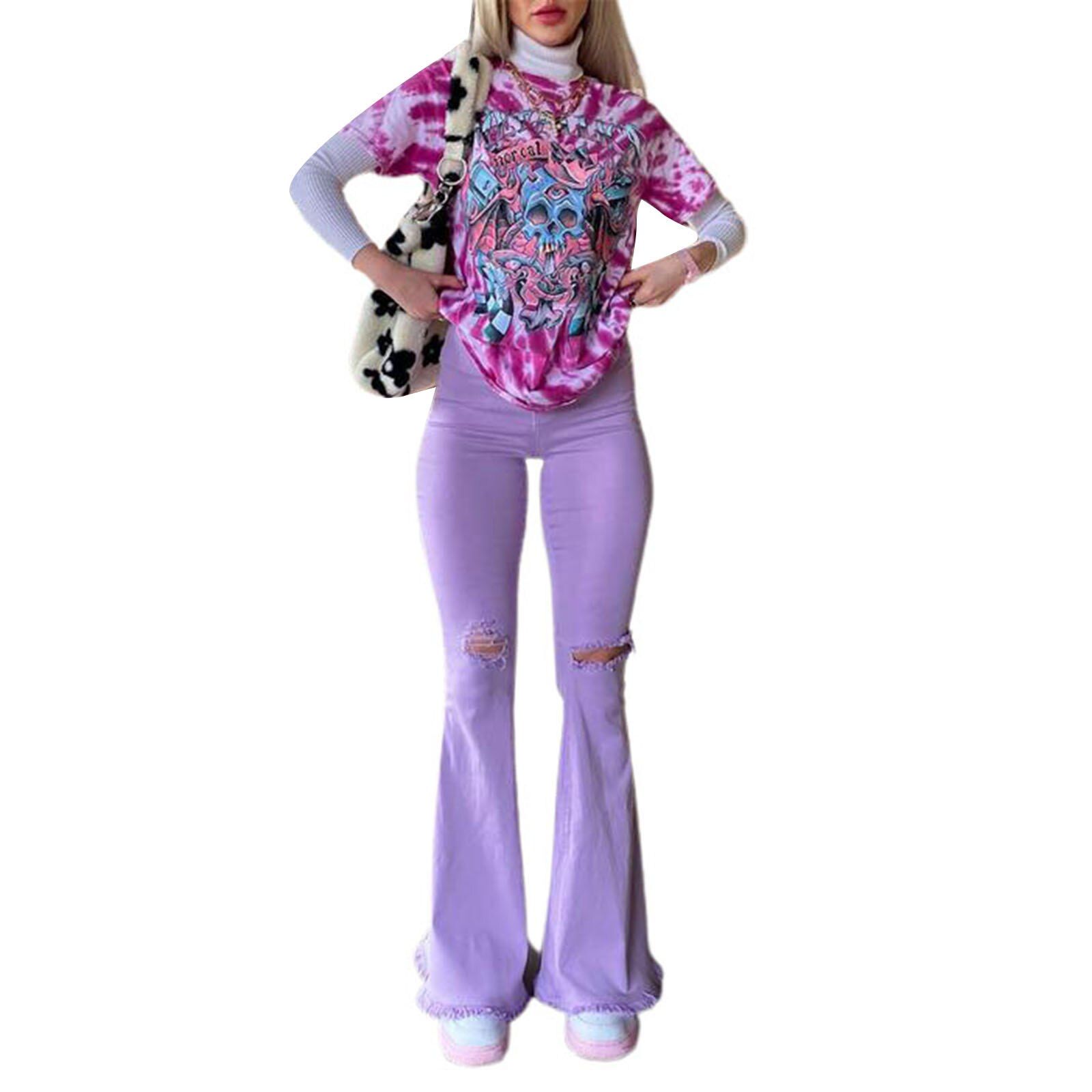 wsevypo Women Denim Flared Pants High-waisted Button Holes Ripped Bodycon Bell-Bottoms Trousers Solid Tight Summer Clothing