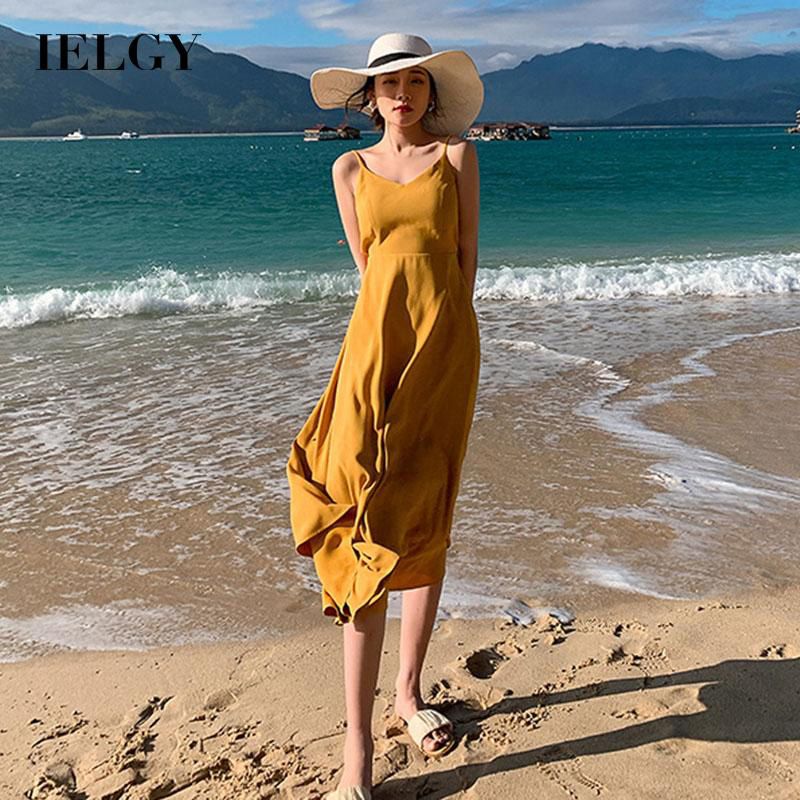 IELGY tie looking thin dress bohemian Sanya long skirt Beach skirt seaside vacation A-line yellow