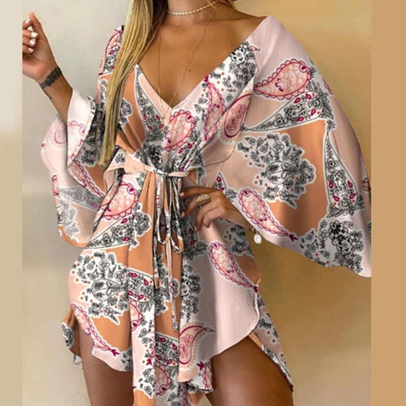 Casual Leaf Leopard Print Harajuku Batwing Sleeve Dress Lady Elegant Lace-Up Irregular Party Dress  V-Neck Women Mini Dress