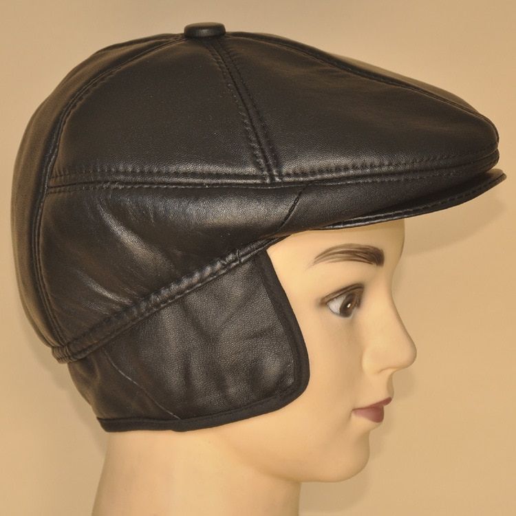 Male  Leather Visors Hat Men's Winter Warm Sheepskin Beret Cap Men Ear Protection Cap