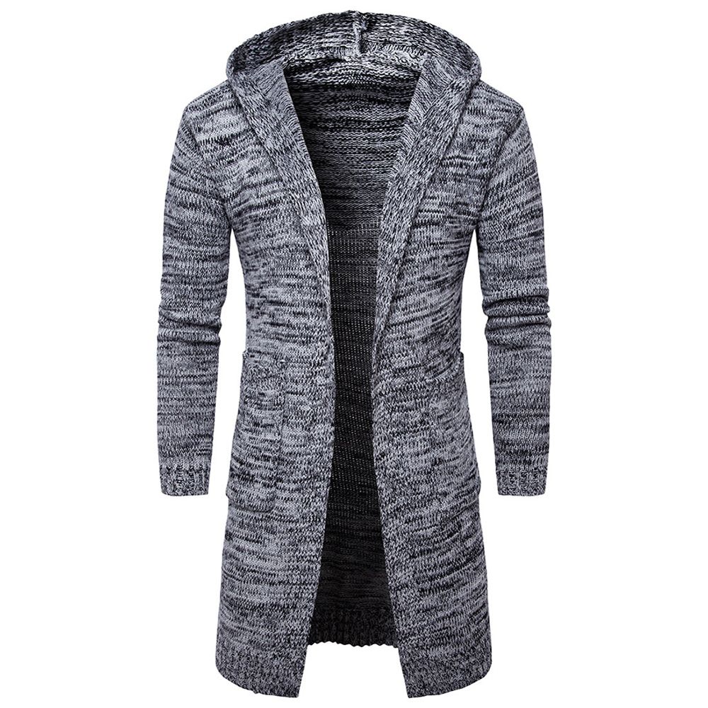 Casual Men Solid Color Long Sleeve Pockets Thick Knitted Cardigan Hooded Coat