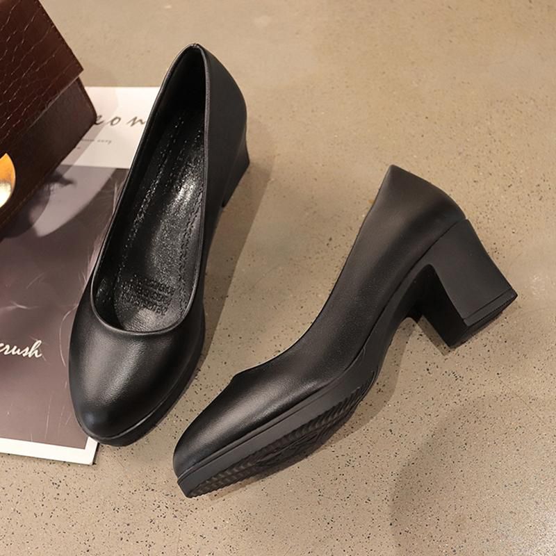 Shoe women 2019 New Style Spring Air Crew Work Shoes women Black Shallow Mouth Shoes Interview round Head High Heel Shoes