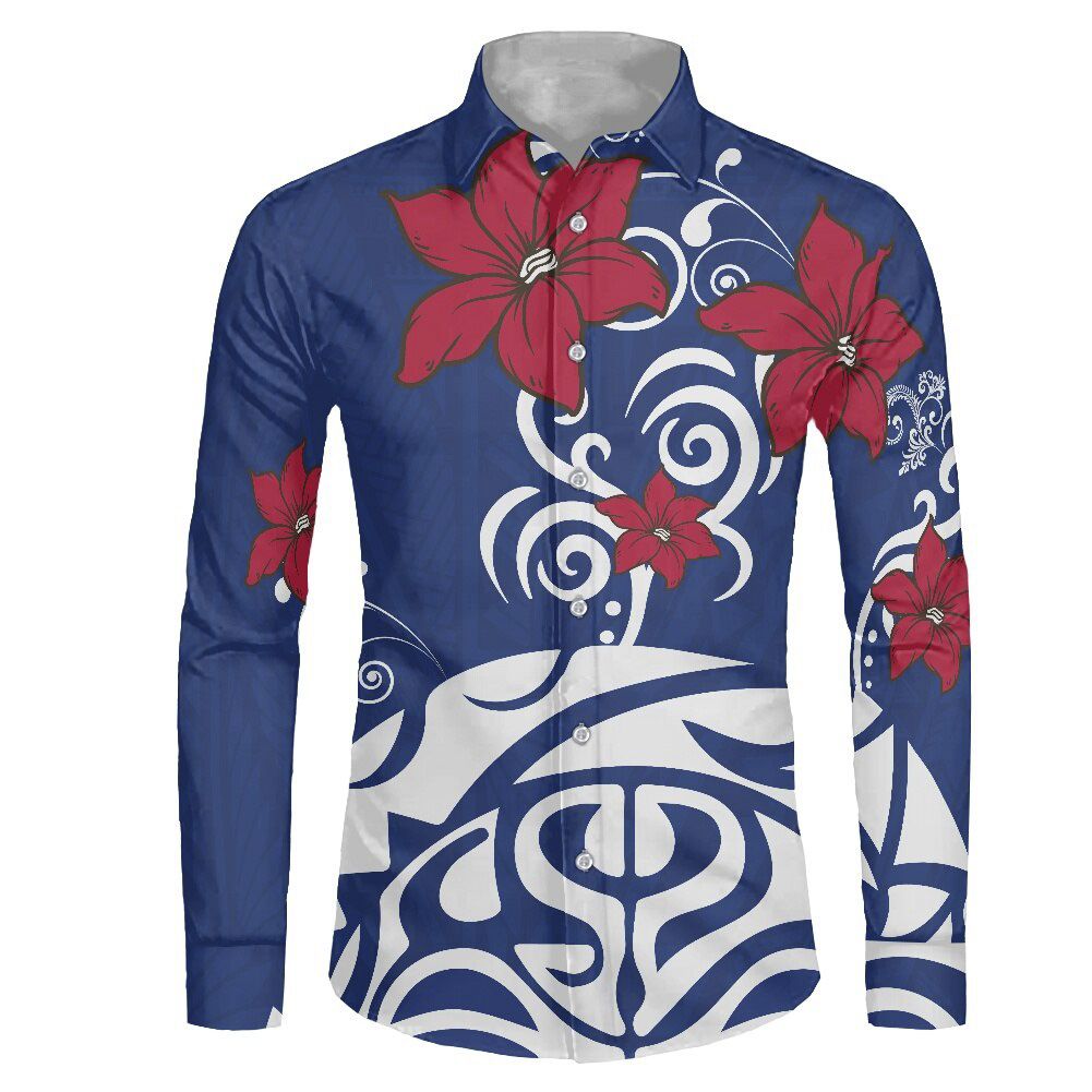 HYCOOL Autumn Long Sleeve Wedding Shirt For Men Polynesian Samoan Tribal Tattoo Print on Up Shirt Men Casual Oversized Shirt