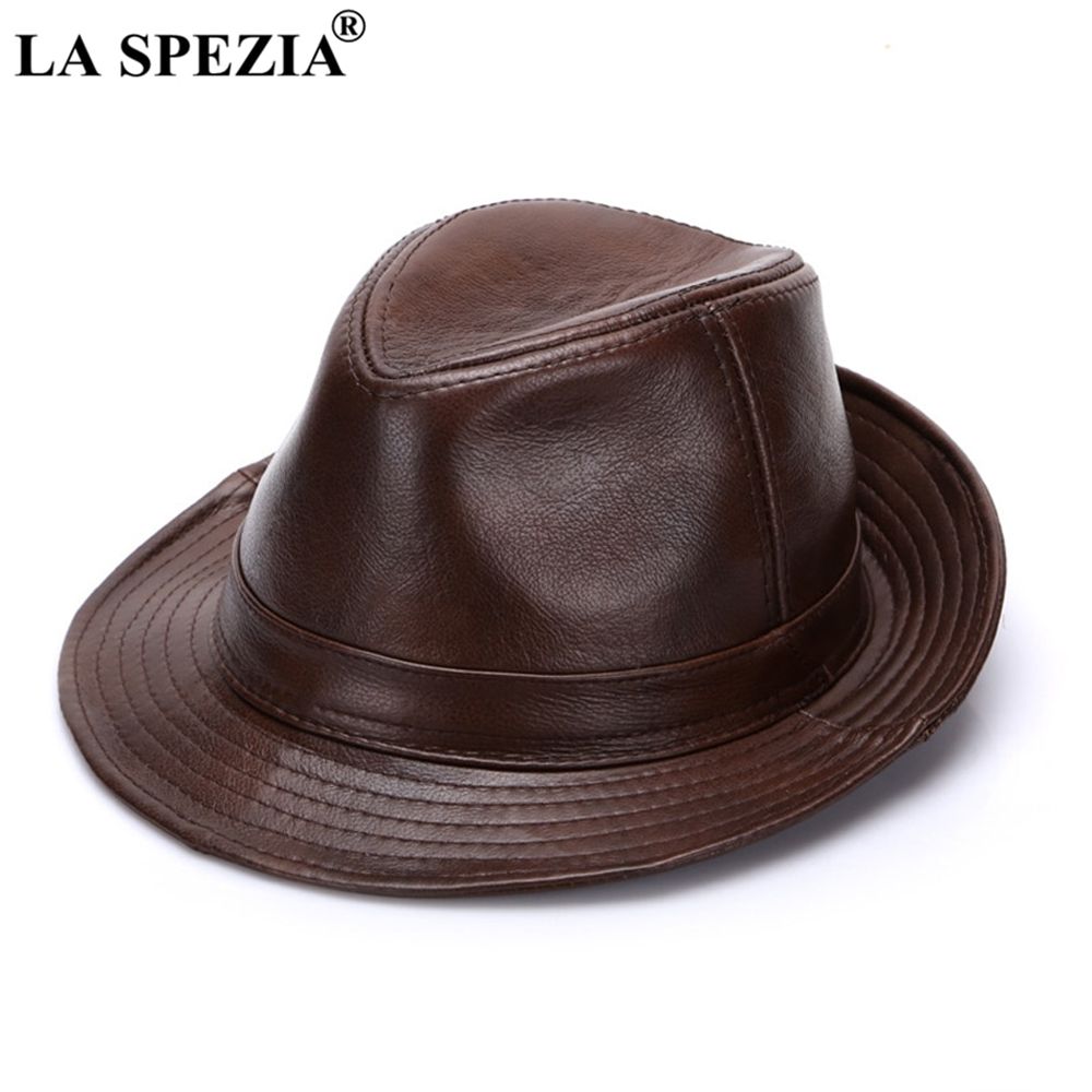 LA SPEZIA Black Fedoras Hats Men  Leather Retro Jazz Caps Gentleman Leather Luxury Spring Classic Felt Trilby Hat