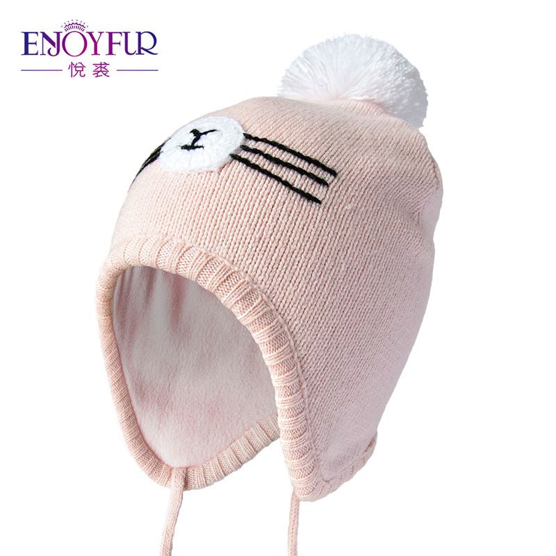 ENJOYFUR Winter Baby Hat For Children Boys Girls Caps With Fox Fur Pom Cotton Kids Hat Ear Beanies For 2-8 Ages