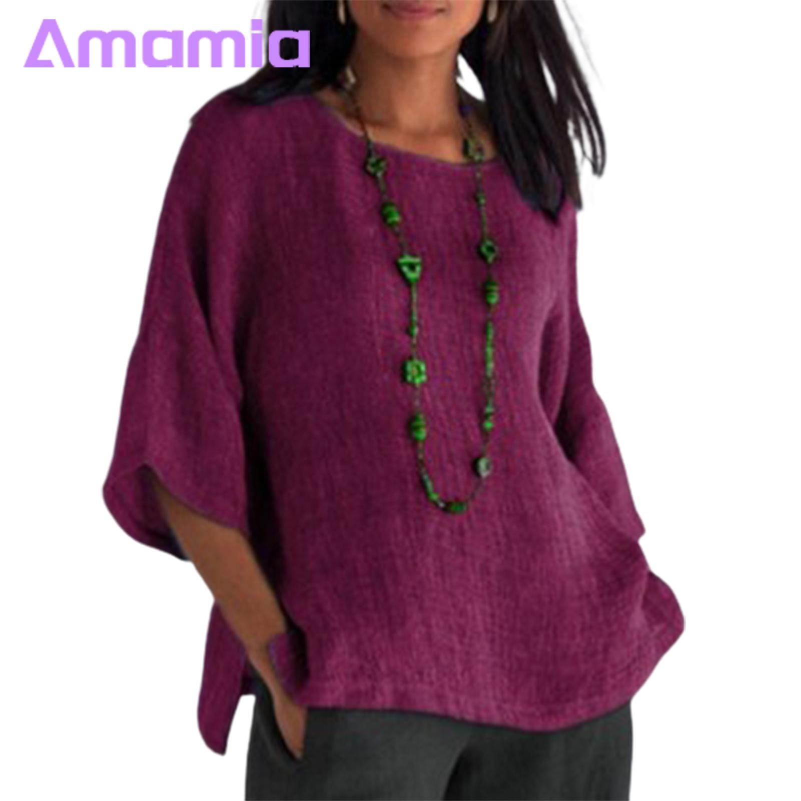 T-shirt 3/4 Sleeves Pure Color Crew Neck Shirt