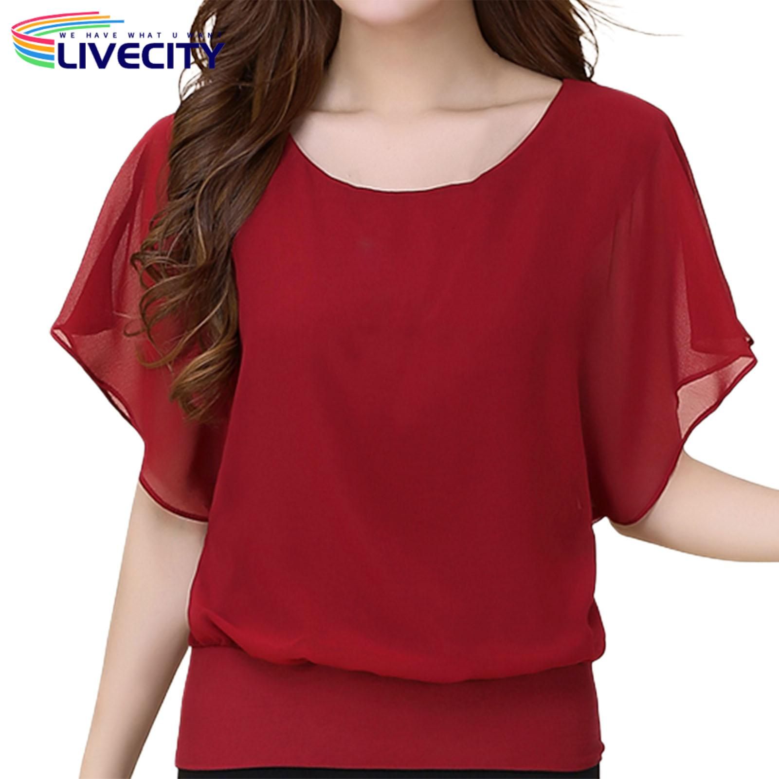 Summer Top See-through Pure Color Ruffle Chiffon Lady Top