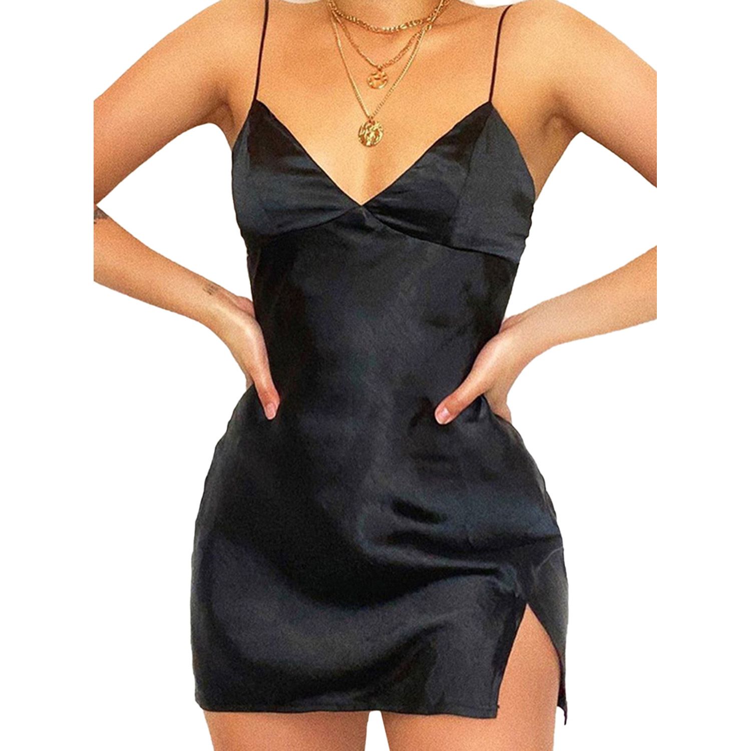 Women's Satin Sleeveless Dress V Neck Solid Color Sexy Split Slim Dress Best Gift for Mom (S/M/L)