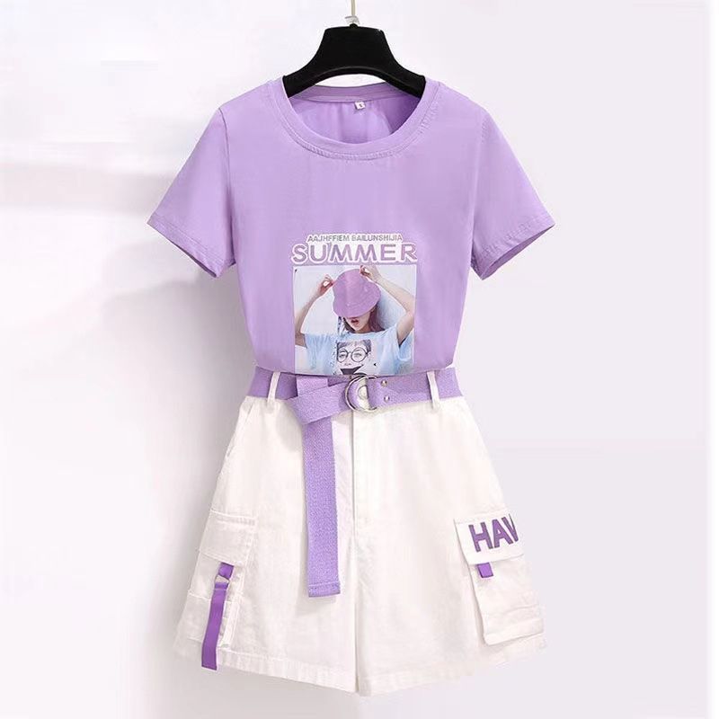 Yfashion 2 Pcs/set Women  Suit Summer Casual Fashion Printed -shirt + Wide Leg Shorts Outfits color