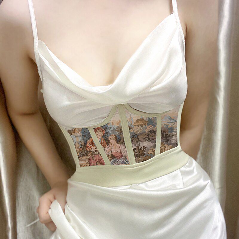 Print Fishbone Crown Patchwork Corset Top Summer Women Back To The Basics Streetwears